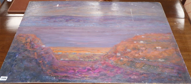 Muriel Rose (1923-) oil on board, Coastal landscape, signed, 71 x 92cm, unframed